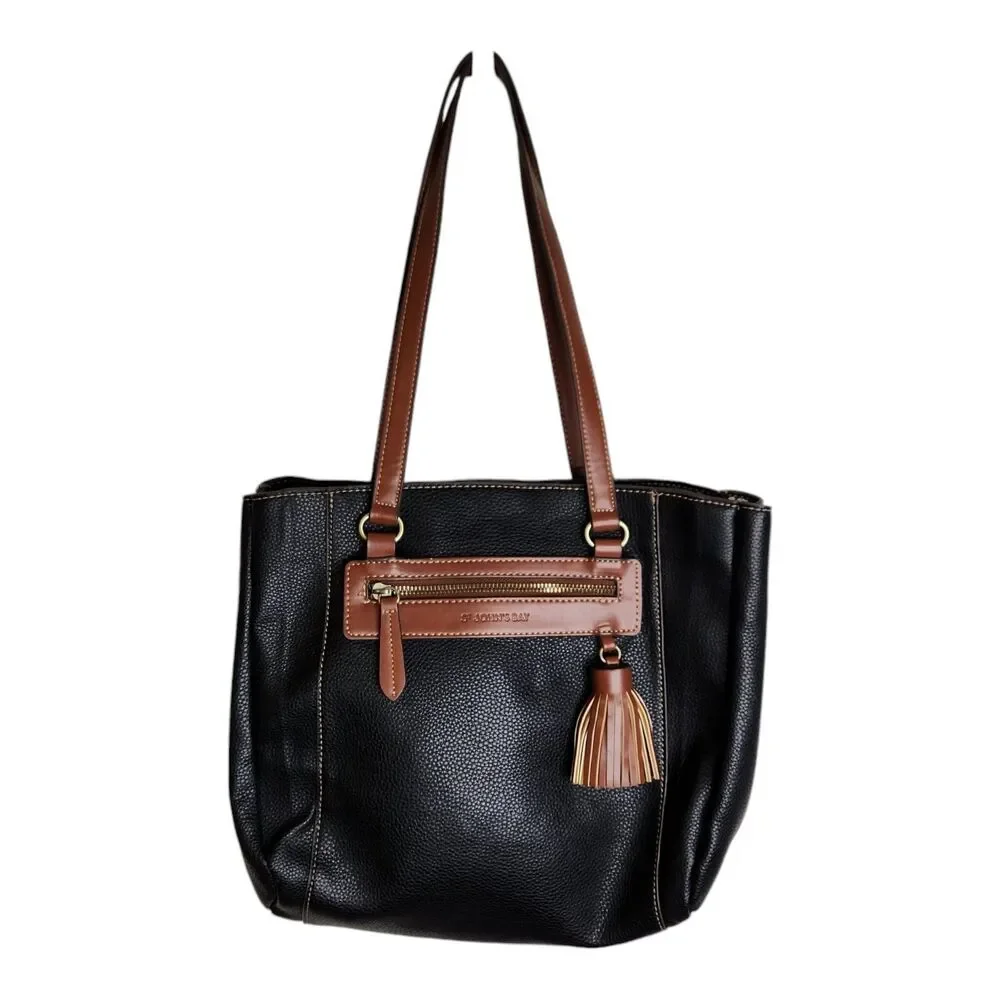 St John's Bay Black & Brown Three Section Shoulder Bag Purse Faux Leather Tassel